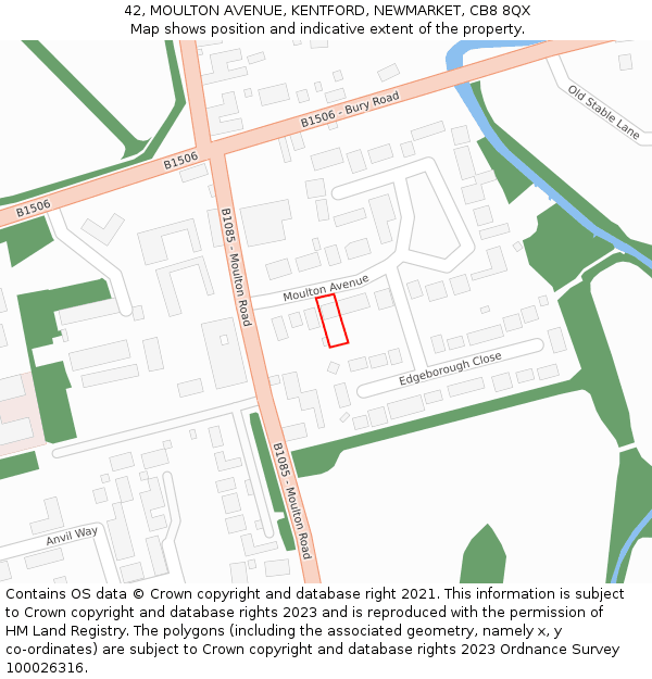 42, MOULTON AVENUE, KENTFORD, NEWMARKET, CB8 8QX: Location map and indicative extent of plot