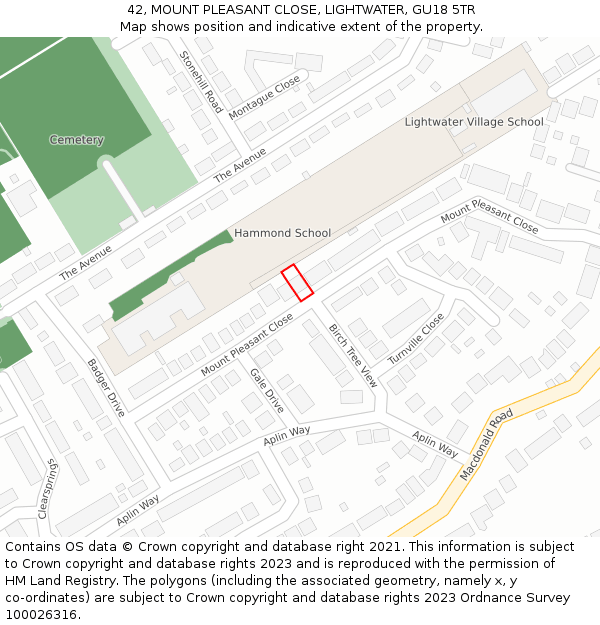 42, MOUNT PLEASANT CLOSE, LIGHTWATER, GU18 5TR: Location map and indicative extent of plot