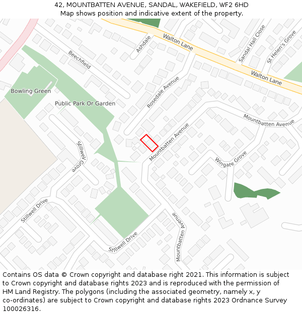 42, MOUNTBATTEN AVENUE, SANDAL, WAKEFIELD, WF2 6HD: Location map and indicative extent of plot