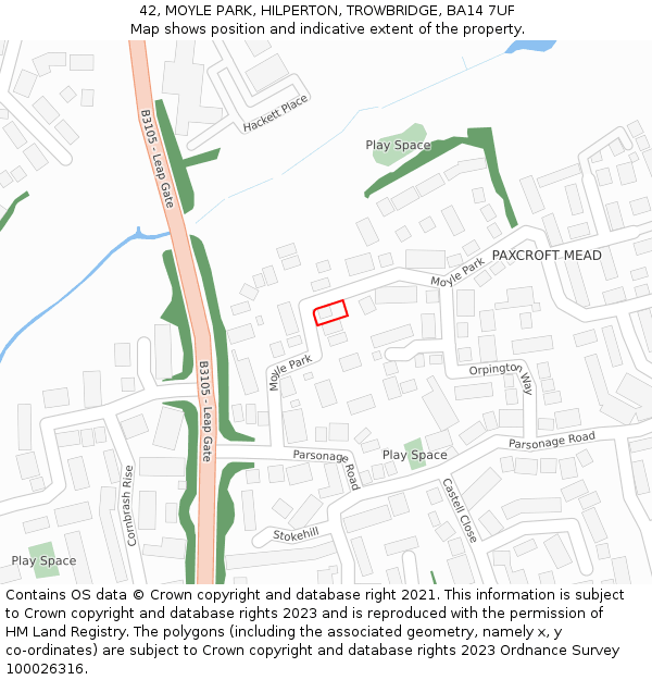 42, MOYLE PARK, HILPERTON, TROWBRIDGE, BA14 7UF: Location map and indicative extent of plot