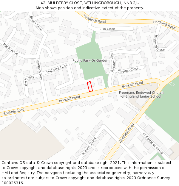 42, MULBERRY CLOSE, WELLINGBOROUGH, NN8 3JU: Location map and indicative extent of plot