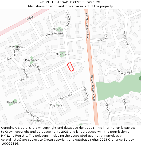 42, MULLEIN ROAD, BICESTER, OX26 3WF: Location map and indicative extent of plot
