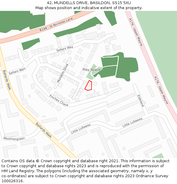 42, MUNDELLS DRIVE, BASILDON, SS15 5XU: Location map and indicative extent of plot