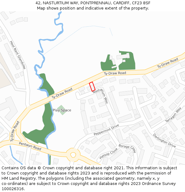 42, NASTURTIUM WAY, PONTPRENNAU, CARDIFF, CF23 8SF: Location map and indicative extent of plot
