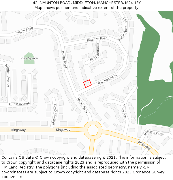 42, NAUNTON ROAD, MIDDLETON, MANCHESTER, M24 1EY: Location map and indicative extent of plot