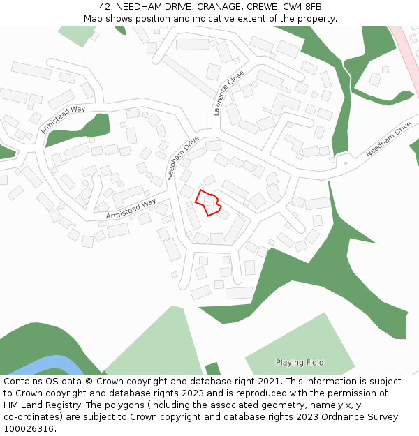 42, NEEDHAM DRIVE, CRANAGE, CREWE, CW4 8FB: Location map and indicative extent of plot