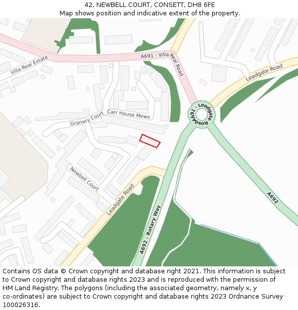 42, NEWBELL COURT, CONSETT, DH8 6FE: Location map and indicative extent of plot