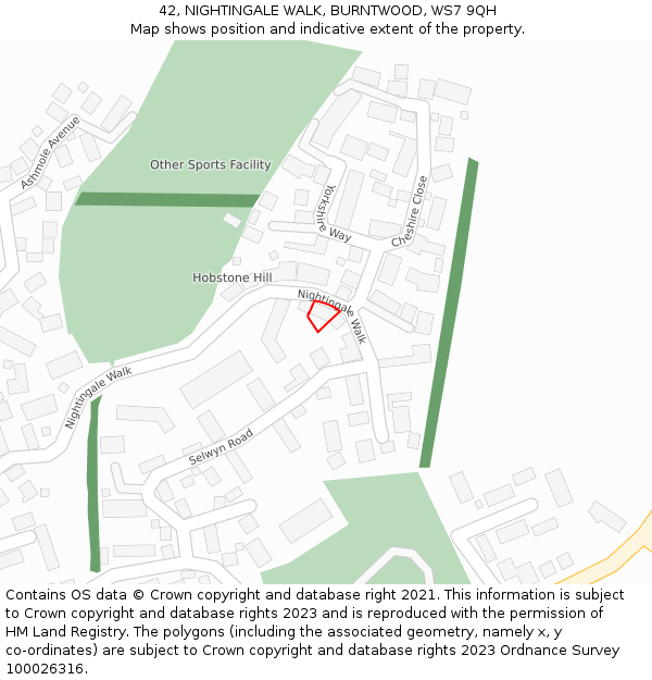 42, NIGHTINGALE WALK, BURNTWOOD, WS7 9QH: Location map and indicative extent of plot