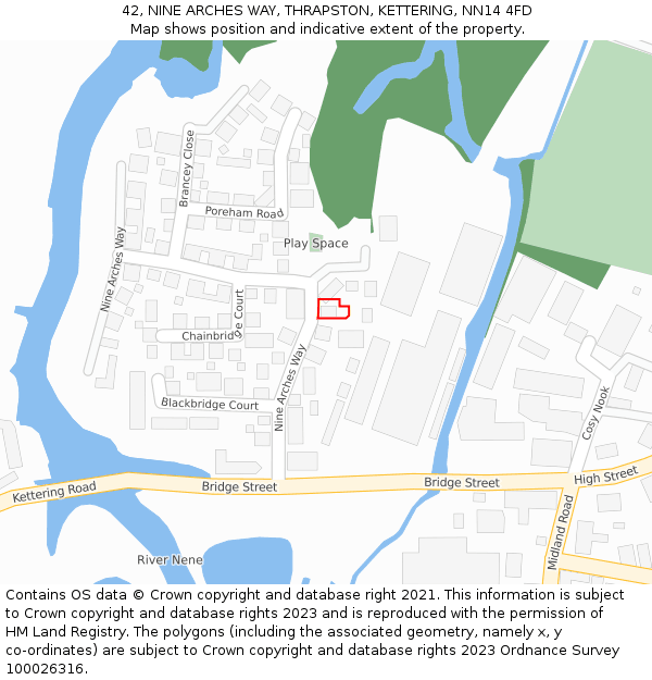 42, NINE ARCHES WAY, THRAPSTON, KETTERING, NN14 4FD: Location map and indicative extent of plot