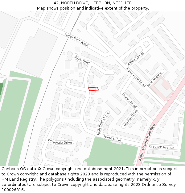 42, NORTH DRIVE, HEBBURN, NE31 1ER: Location map and indicative extent of plot