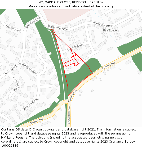 42, OAKDALE CLOSE, REDDITCH, B98 7UW: Location map and indicative extent of plot