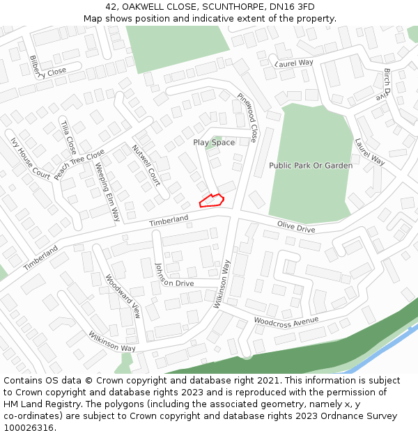 42, OAKWELL CLOSE, SCUNTHORPE, DN16 3FD: Location map and indicative extent of plot