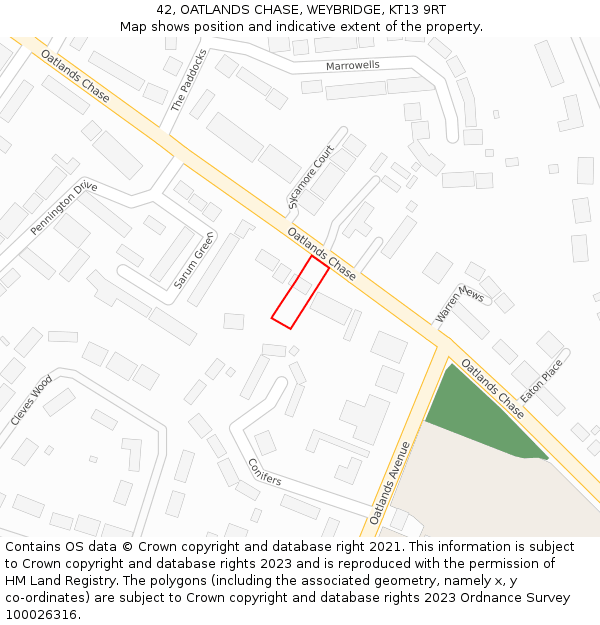 42, OATLANDS CHASE, WEYBRIDGE, KT13 9RT: Location map and indicative extent of plot