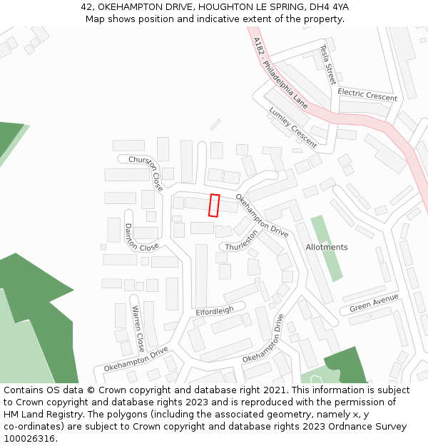 42, OKEHAMPTON DRIVE, HOUGHTON LE SPRING, DH4 4YA: Location map and indicative extent of plot