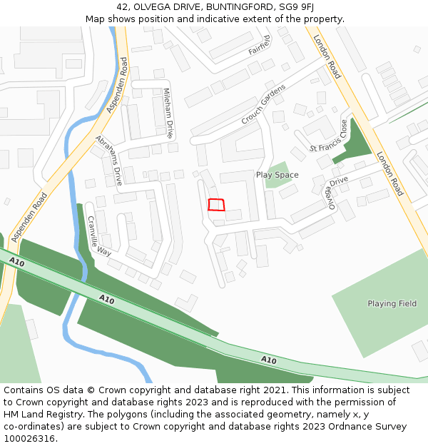 42, OLVEGA DRIVE, BUNTINGFORD, SG9 9FJ: Location map and indicative extent of plot