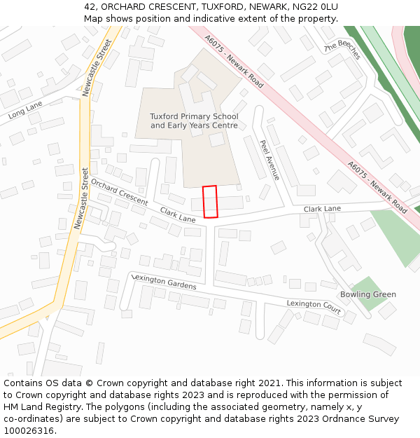 42, ORCHARD CRESCENT, TUXFORD, NEWARK, NG22 0LU: Location map and indicative extent of plot