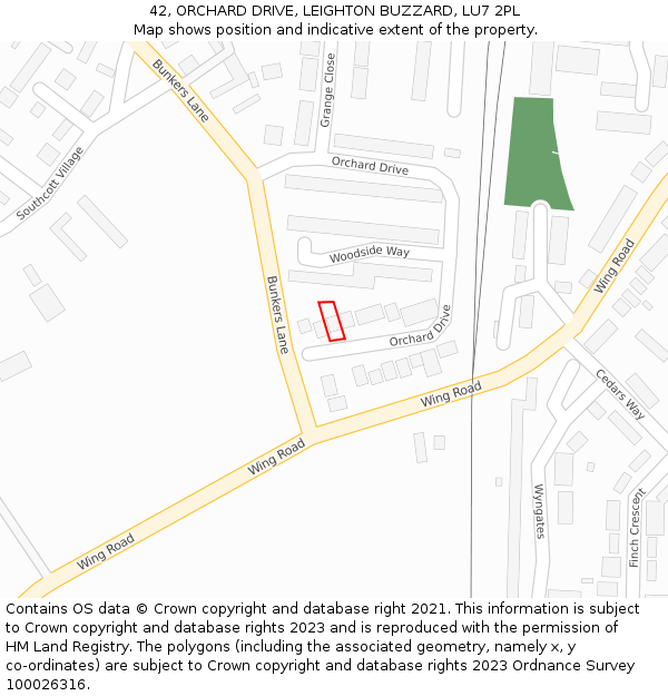 42, ORCHARD DRIVE, LEIGHTON BUZZARD, LU7 2PL: Location map and indicative extent of plot