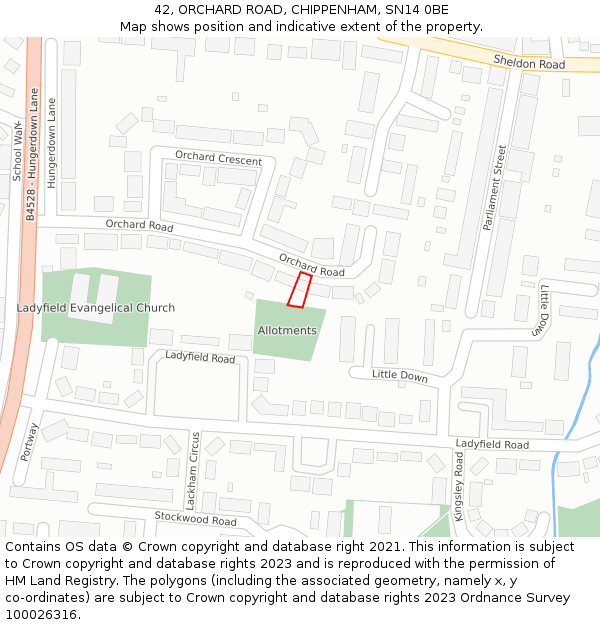 42, ORCHARD ROAD, CHIPPENHAM, SN14 0BE: Location map and indicative extent of plot