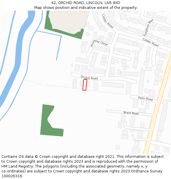 42, ORCHID ROAD, LINCOLN, LN5 9XD: Location map and indicative extent of plot