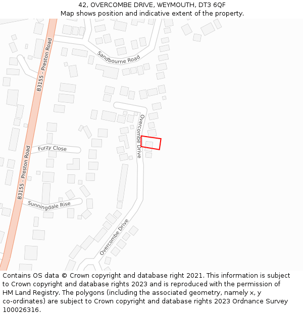 42, OVERCOMBE DRIVE, WEYMOUTH, DT3 6QF: Location map and indicative extent of plot