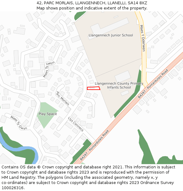 42, PARC MORLAIS, LLANGENNECH, LLANELLI, SA14 8XZ: Location map and indicative extent of plot