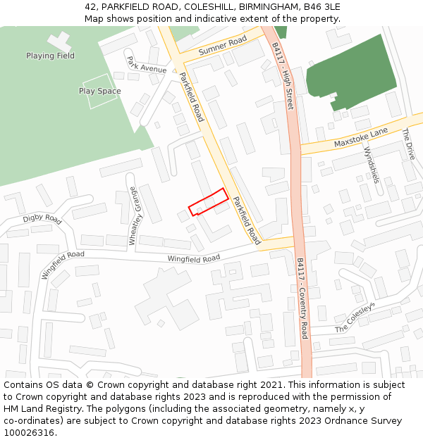 42, PARKFIELD ROAD, COLESHILL, BIRMINGHAM, B46 3LE: Location map and indicative extent of plot