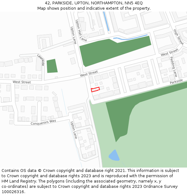 42, PARKSIDE, UPTON, NORTHAMPTON, NN5 4EQ: Location map and indicative extent of plot