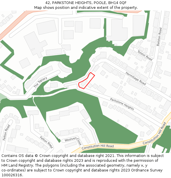 42, PARKSTONE HEIGHTS, POOLE, BH14 0QF: Location map and indicative extent of plot