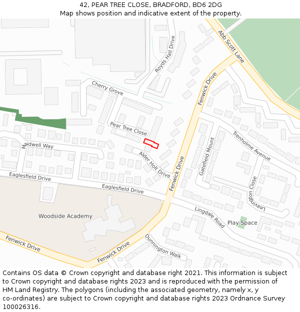 42, PEAR TREE CLOSE, BRADFORD, BD6 2DG: Location map and indicative extent of plot