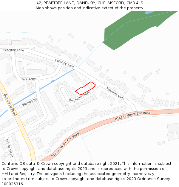 42, PEARTREE LANE, DANBURY, CHELMSFORD, CM3 4LS: Location map and indicative extent of plot
