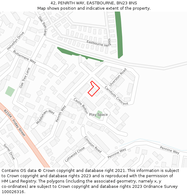 42, PENRITH WAY, EASTBOURNE, BN23 8NS: Location map and indicative extent of plot