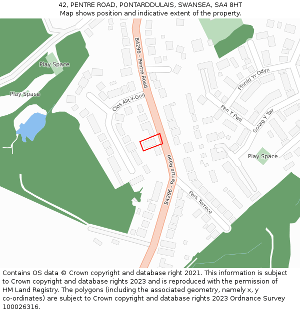 42, PENTRE ROAD, PONTARDDULAIS, SWANSEA, SA4 8HT: Location map and indicative extent of plot