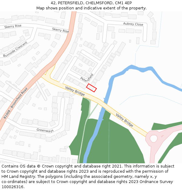 42, PETERSFIELD, CHELMSFORD, CM1 4EP: Location map and indicative extent of plot