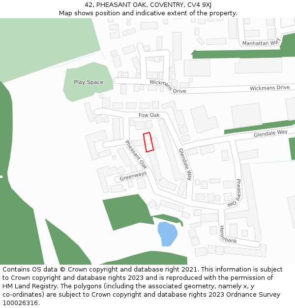 42, PHEASANT OAK, COVENTRY, CV4 9XJ: Location map and indicative extent of plot