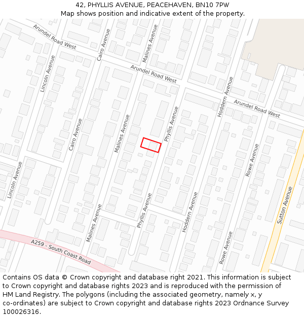 42, PHYLLIS AVENUE, PEACEHAVEN, BN10 7PW: Location map and indicative extent of plot