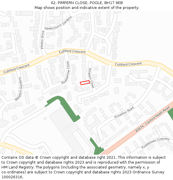 42, PIMPERN CLOSE, POOLE, BH17 9EB: Location map and indicative extent of plot