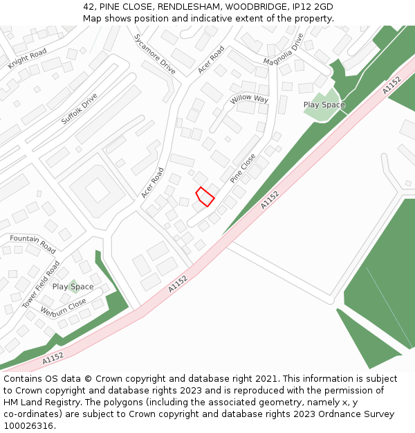 42, PINE CLOSE, RENDLESHAM, WOODBRIDGE, IP12 2GD: Location map and indicative extent of plot