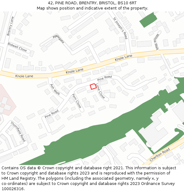 42, PINE ROAD, BRENTRY, BRISTOL, BS10 6RT: Location map and indicative extent of plot