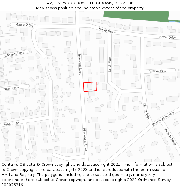 42, PINEWOOD ROAD, FERNDOWN, BH22 9RR: Location map and indicative extent of plot