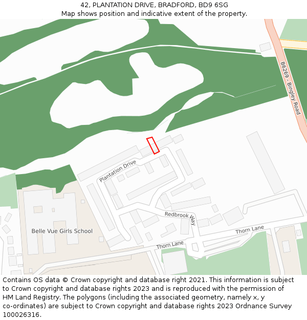 42, PLANTATION DRIVE, BRADFORD, BD9 6SG: Location map and indicative extent of plot