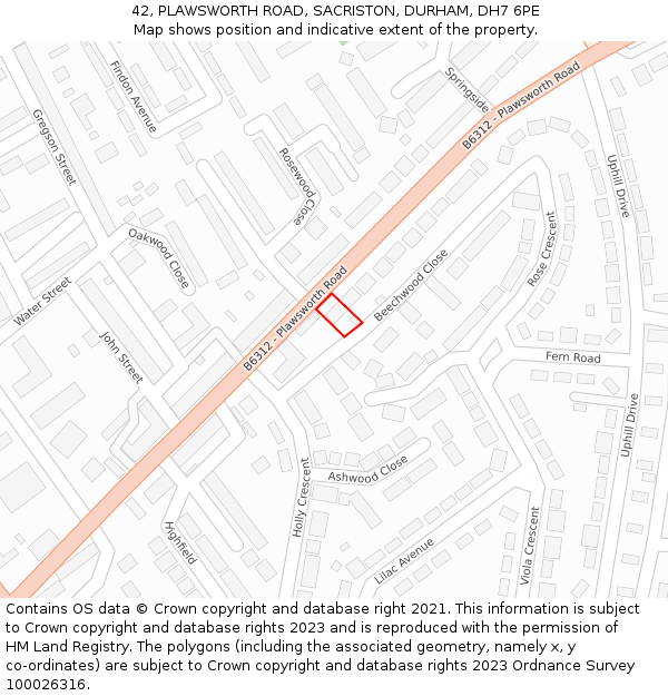 42, PLAWSWORTH ROAD, SACRISTON, DURHAM, DH7 6PE: Location map and indicative extent of plot