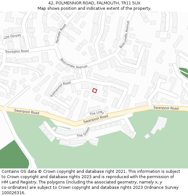 42, POLMENNOR ROAD, FALMOUTH, TR11 5UX: Location map and indicative extent of plot