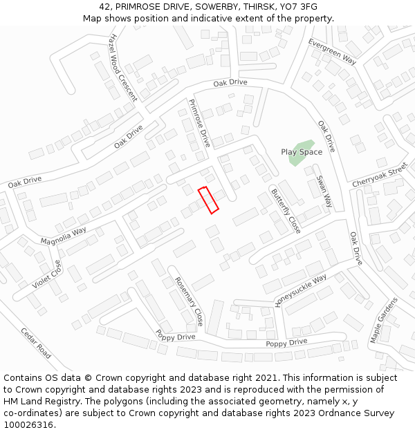 42, PRIMROSE DRIVE, SOWERBY, THIRSK, YO7 3FG: Location map and indicative extent of plot