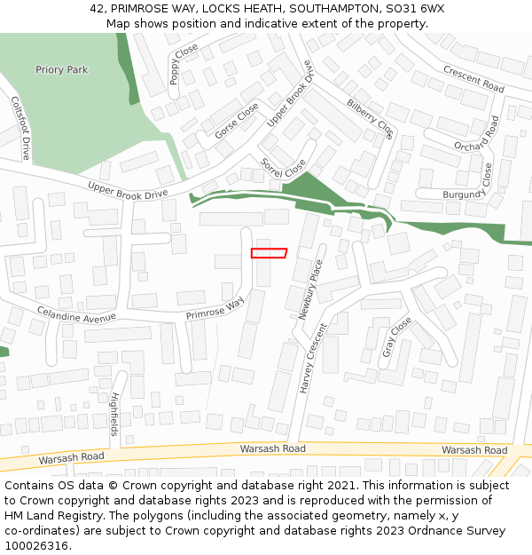 42, PRIMROSE WAY, LOCKS HEATH, SOUTHAMPTON, SO31 6WX: Location map and indicative extent of plot