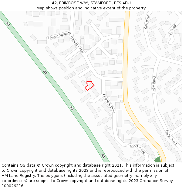 42, PRIMROSE WAY, STAMFORD, PE9 4BU: Location map and indicative extent of plot