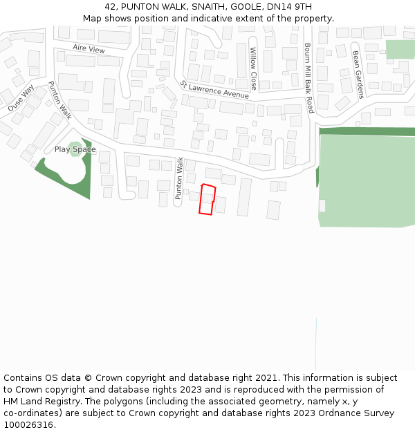 42, PUNTON WALK, SNAITH, GOOLE, DN14 9TH: Location map and indicative extent of plot