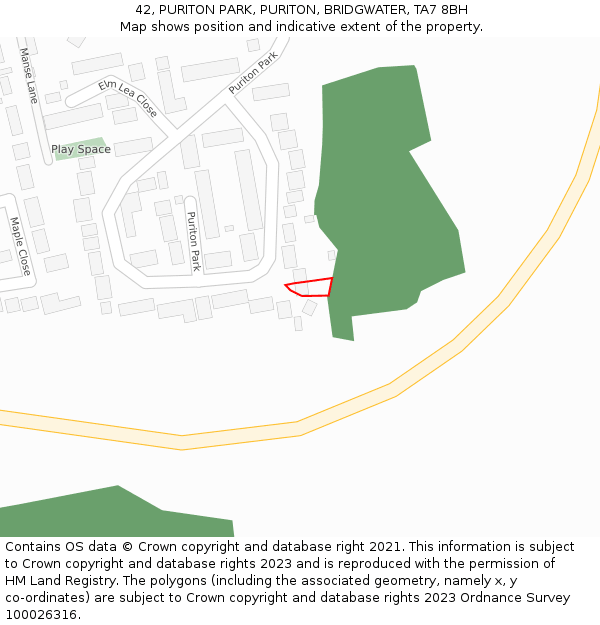 42, PURITON PARK, PURITON, BRIDGWATER, TA7 8BH: Location map and indicative extent of plot