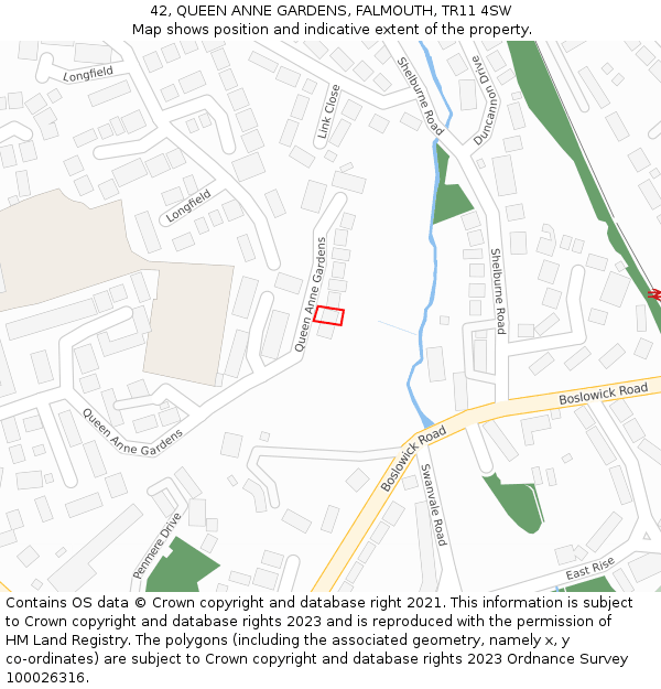 42, QUEEN ANNE GARDENS, FALMOUTH, TR11 4SW: Location map and indicative extent of plot