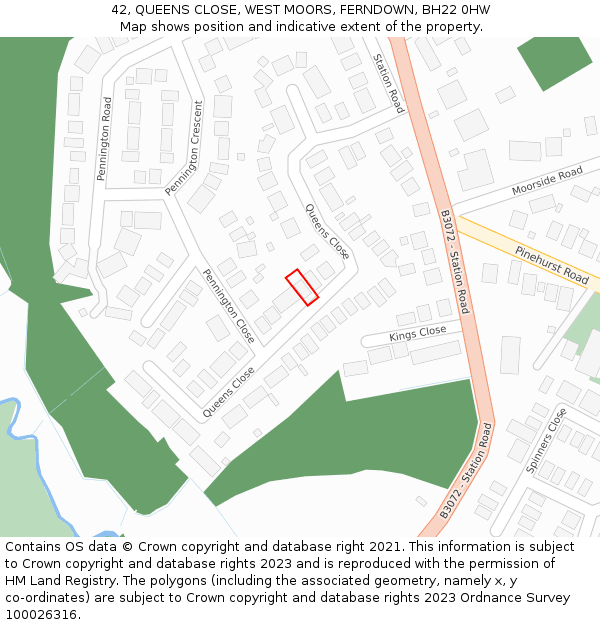 42, QUEENS CLOSE, WEST MOORS, FERNDOWN, BH22 0HW: Location map and indicative extent of plot