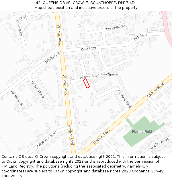 42, QUEENS DRIVE, CROWLE, SCUNTHORPE, DN17 4DL: Location map and indicative extent of plot